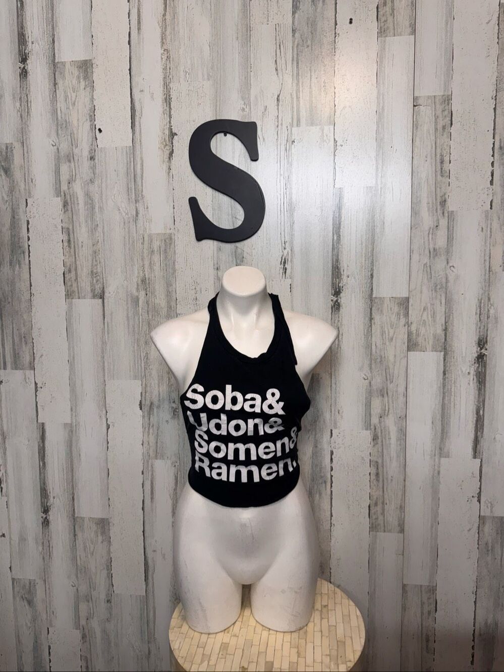 Japanese Noodle Graphic Halter Crop Top Womens S Black Backless Tie Festival